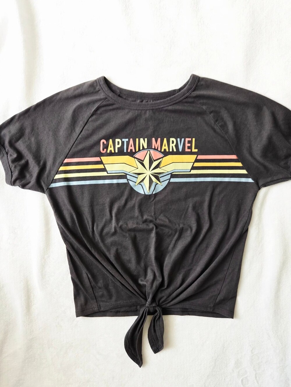Marvel Captain Marvel Tie-Knot Crop Top Graphic T-Shirt Dark Gray Womens XS